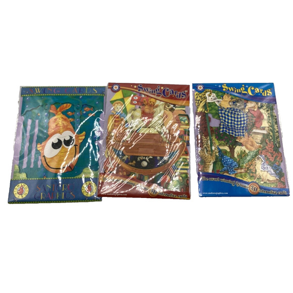 Set Of 3 SANTORO SWING CARDS- 3-D - Greeting Cards Fish Rocking Horse Cats - Picture 1 of 12